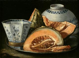 A Still-Life with Melon, an Octagonal Blue and White Cup on a Silver Charger