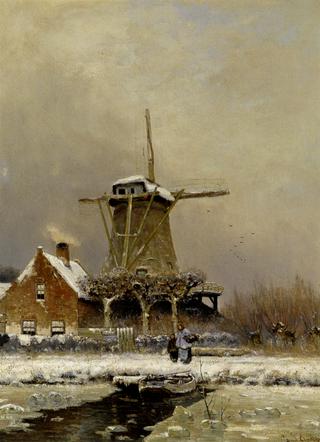 Figures by a Windmill in a Snow-Covered Landscape