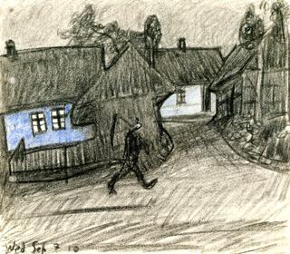 Village Street at Dusk and Man with Sythe