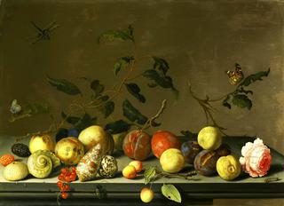 A Still Life of Fruit and Shells with a Rose and Various Insects upon a Stone Ledge