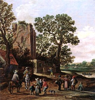 A River Landscape with a Beggar's Family and Horsemen near a Ruin