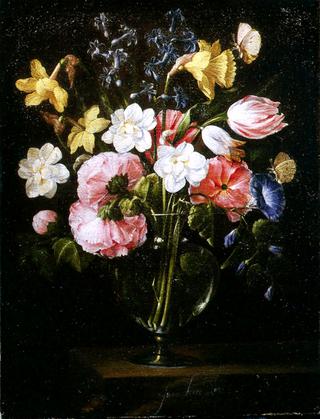 Roses, Clematis, a Tulip and other flowers in a Glass Vase on a wooden Ledge with a Butterfly