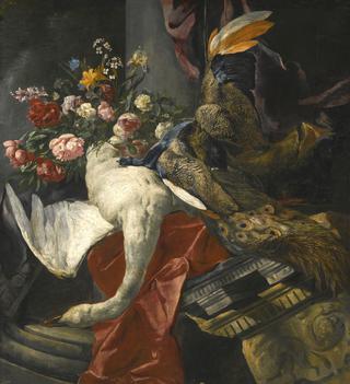 Still Life of Flowers with a Swan, Peacock, and a Boar’s Head