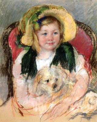 Sara with Her Dog, in an Armchair, Wearing a Bonnet with a Plum Ornament