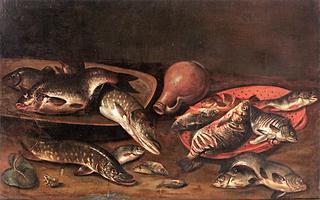 Various Fish on Platters, an Earthenware Jug, and a Small Frog in the Left Foreground