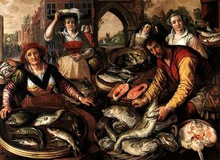 The Four Elements: Water.  A Fish Market with the Miraculous Draught of Fishes in the Background
