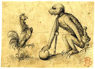 A fighting cock facing a chained monkey,