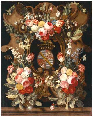 A flower garland around a stone cartouche with a coat-of-arms