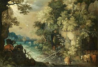 A bosky fluvial landscape with cattle resting and drinking