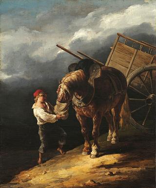 Boy Giving Oats to an Unhitched Horse