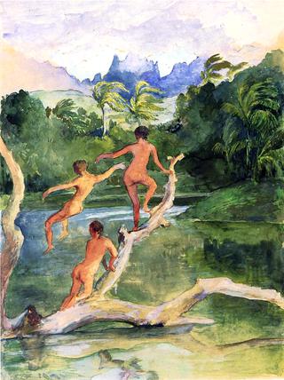 Girls Bathing on the Shore near Papeete in an Outlet of the River Fautaua.  The Diadem or Crown Mountain in Distance. Northwest Wind Blowing - Later Afternoon, February