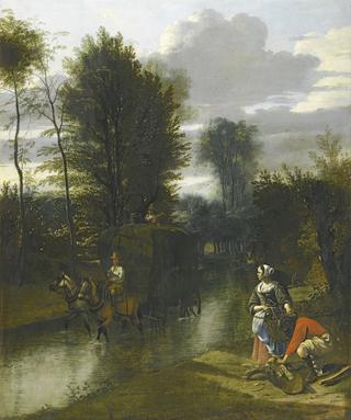 A wooded river landscape with a hay cart crossing a stream