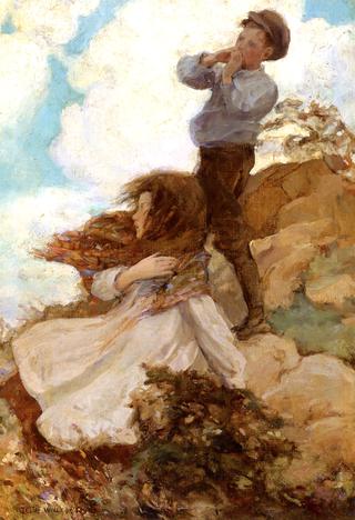 Two Children on a Windswept Hillside