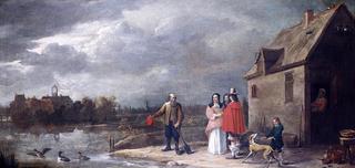 A Family Standing in a Landscape with a Moated House in the Background