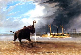 大象在夏尔河的浅水处，蒸汽喷射器在燃烧
