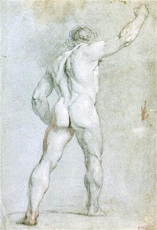 Academy Study of a Standing Male Nude, with Right Arm Raised, Seen from Behind