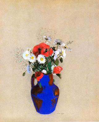 Poppies and Daisies in a Blue Vase