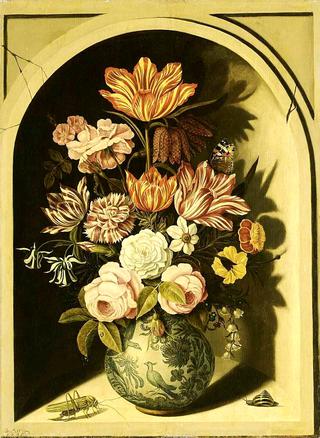 A still life with roses, tulips, carnations, lily-of-the-valley, marigolds, etc.