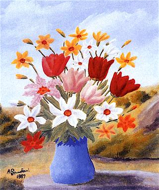 Bouquet of Narcissuses and Tulips in a Blue Vase