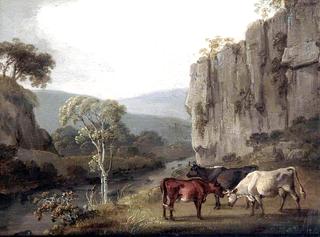 Three Cattle Grazing by a Stream under a Cliff Face