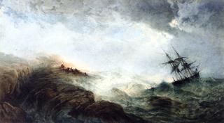 A Ship in Distress, with Figures n the Shore Firing a Rocket