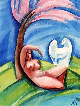 Sleeping Nude with Two White Horses