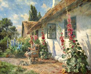 Summer day in the garden with a girl knitting