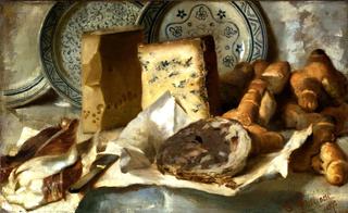 Still life with cheese and salami