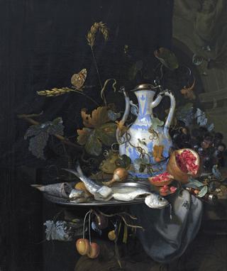 A Still Life with a Chinese Porcelain Jug, a Pewter Plate with a Herring, a Pomegranate, etc.