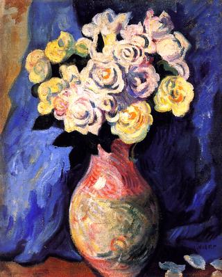 Bouquet of Flowers on a Background of Blue Drapery