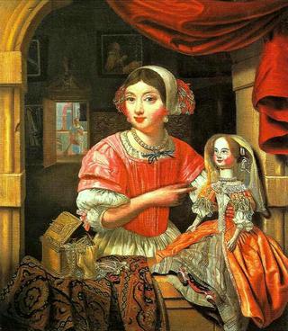 Young Woman Holding a Doll in an Interior with a Maid Sweeping Behind