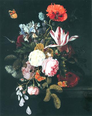 Still Life of Flowers in a Vase with four Butterflies