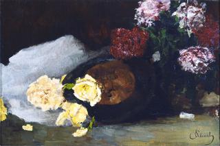 Still life with tea roses, peonies and opera hat