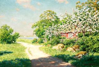 Cabin with blooming fruit trees