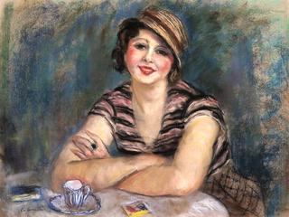 Brunette Woman at Table in front of a Cup of Coffee