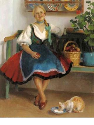 Girl with Apples and Her Cat