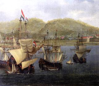 Four VOC Three-Masters at Anchor in front of a Colonial Fortress