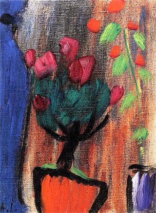 Still Life: Azalea Stems in a Dark Blue Vase