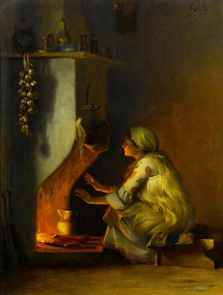 Young girl by a fire