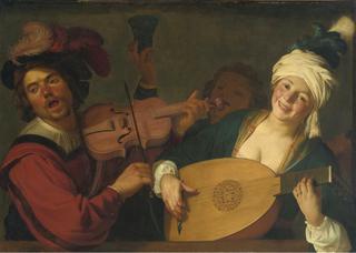 A Merry Group Behind a Balustrade with a Violion and a Lute Player