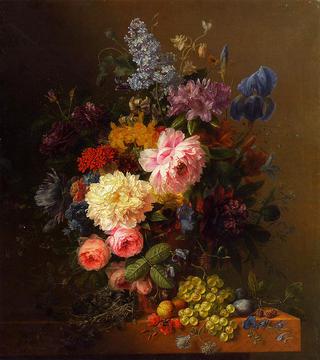 Peonies, Roses, Irises, Lilies, Lilac and Other Flowers in a Vase on a Ledge Laden with Fruit