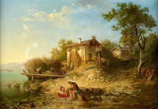 River landscape with fisherman's family