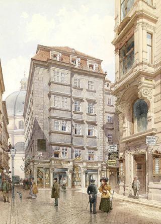 The Albert Hardt fabric shop on Freisingergasse, St. Peter's Church in the background