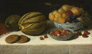 Still-life with melons, plums, cherries, and bread on a table draped with a white damask tablecloth