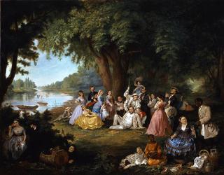 艺术家和她的家人在七月四日的野餐会上