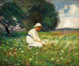 Girl in White Dress in a Field of Flowers