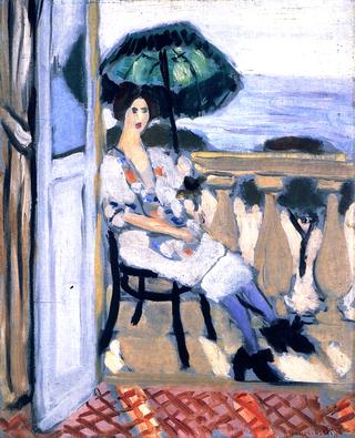 Woman Seated on the Balcony, Green Umbrella, Violet Stockings