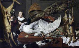 Game Larder Still Life: Hung Games with a Swan and Peacock on a Table