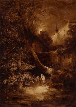 Moonlit Landscape with a Monk on a Wooded Path with a Palace in the Background