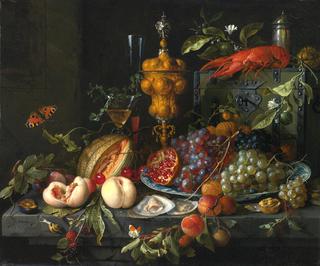 Still Life of Fruits, Nuts, Oysters, a Lobster, Insects and a Snail on a Ledge with Various Vessels
